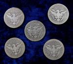 Five Silver Barber Quarters 1910D to 1916D