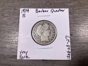 1914 S Barber Silver Quarter - Key Date Coin