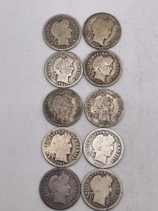 Barber Dimes Lot: 10 Coins 1899-1914 Mix