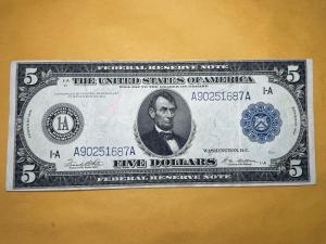 1914 $5 Federal Reserve Note Boston Blue Seal