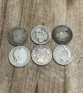 Set of 6 Vintage Barber Silver Quarters 1898-1909