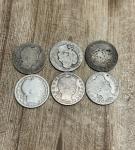 Set of 6 Vintage Barber Silver Quarters 1898-1909