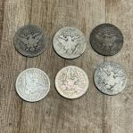 Set of 6 Vintage Barber Silver Quarters 1898-1909