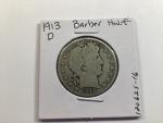 1913 D Barber 90% Silver Half Dollar Coin
