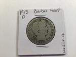 1913 D Barber 90% Silver Half Dollar Coin