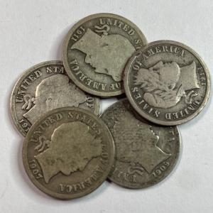 Set of 5 Silver Barber Dimes - 90% Silver