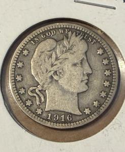 1916 Barber Quarter Dollar Silver Coin 25c