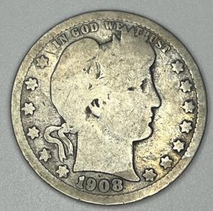 1908-D Barber Quarter 25C Denver Mint Silver Coin