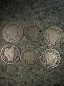 Set of 6 Barber Dimes 90% Silver Coins