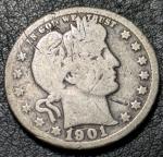 1901-O Silver Barber Quarter Coin - Semi Key Date