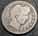 1901-O Silver Barber Quarter Coin - Semi Key Date