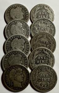 Silver Barber Dimes - 90% Silver - Lot of 10