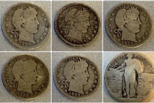Lot of 6 Antique 90% Silver Barber Quarters