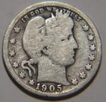 1905 Barber Quarter 25C Cents Coin Silver