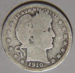 1910 Barber Quarter 25C Cents Coin Silver