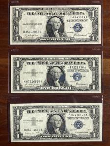 Lot of 3 Silver Certificates 1935f 1957 1957a Blue Seal US Currency Notes Unc.