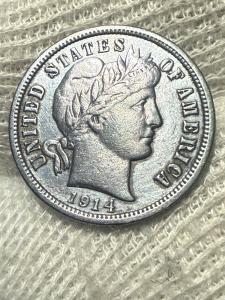 1914-D Barber Dime, Choice AU Silver 10c Original