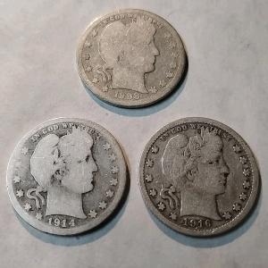 Set of 3 Barber Silver Quarters: 1908-O, 1914 P, 1916 P