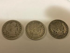 Set of 3 Silver Barber Quarters 90%
