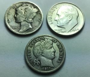 3 Silver Dimes: Barber, Mercury, Roosevelt