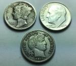3 Silver Dimes: Barber, Mercury, Roosevelt