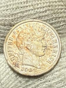1901 P Silver Barber Dime - AU Toned