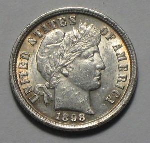 1898 Barber Dime Silver Coin with Mint Luster
