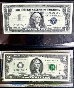 Blue and Green Seals $1 and $2 Currency Set