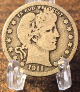 1911 Barber Quarter Silver Coin - 90% Purity