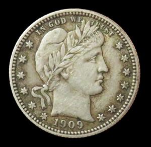 1909 USA Silver Barber Quarter 25C Coin