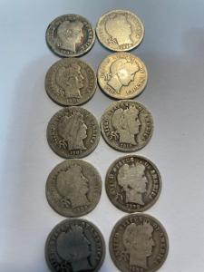 Mixed Silver Barber Dimes - 10 Unique Dates