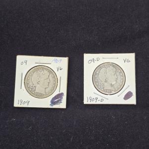Pair of 1909 Barber Silver Quarters - VG
