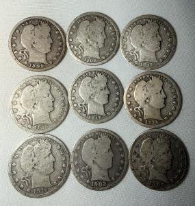 Mixed Barber Quarter Silver Coin Lot - 9 Coins
