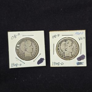 Two 1908 Barber Silver Quarters - 90% Silver