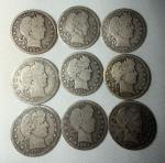 Mixed Barber Quarter Silver Coin Lot - 9 Coins