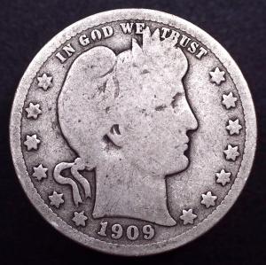 1909 Barber Liberty Quarter 90% Silver Coin
