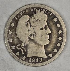 1913-P Barber Silver Quarter - 90% Silver Coin