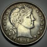 1892 US Barber Quarter - Silver Coin with Toning
