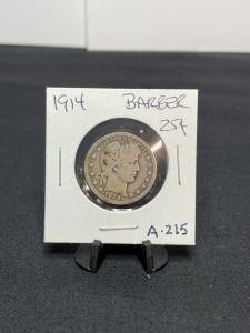 1914 Barber Silver Quarter Coin - Philadelphia Mint