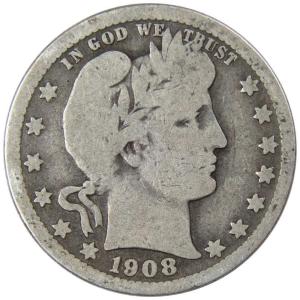 1908 Barber Quarter Silver 25c Coin Collectible