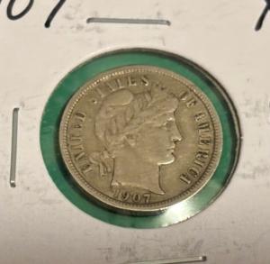 1907 Silver Barber Dime - XF Condition