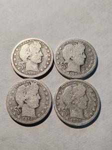 Set of 4 Barber Quarters 1914-1916, 90% Silver