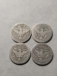 Set of 4 Barber Quarters 1914-1916, 90% Silver
