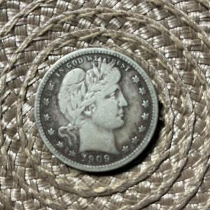 1909 Denver Barber Quarter 25C Silver Coin