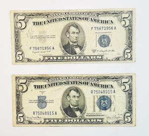1934 & 1953B Blue Seal $5 Silver Certificates