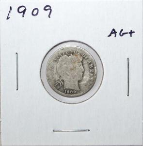 1909 US Barber Dime 90% Silver AG