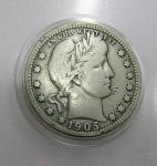 1905 P Barber Silver Quarter - Very Good Condition