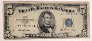 1953 $5 Silver Certificate Blue Seal Lincoln Note