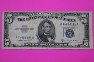1953 Blue Seal $5 Silver Certificate Bill