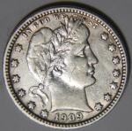 1909 D Barber Quarter 25C Coin VF++